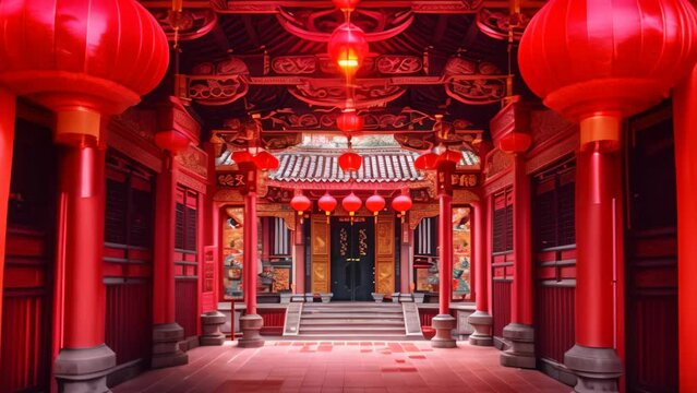 Red lanterns, symbolizing good luck, hang from the ceiling of a Chinese temple, Highlight the use of red and gold in traditional Chinese buildings for luck and prosperity