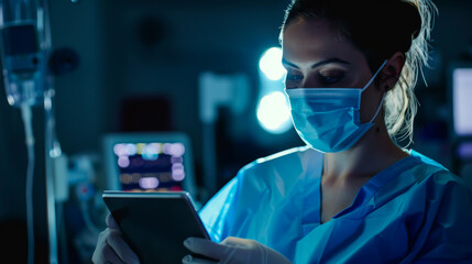 Portrait of a woman in a medical gown and mask uses a digital tablet on a dark background. A nurse works on a tablet in a hospital corridor. Medicine and technology concept.