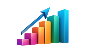 Minimalist 3D data analysis icon showcasing soaring finances and strengthening currency with a bar graph and arrow. Transparent background ideal for business and finance presentations.