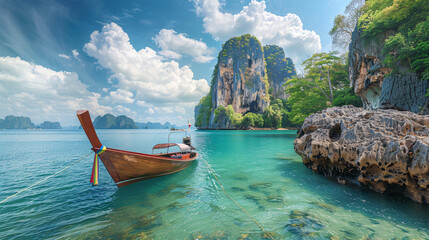 Obraz premium Serene Thai Island Escape: Long-Tail Boat amidst Turquoise Waters and Rocky Cliffs