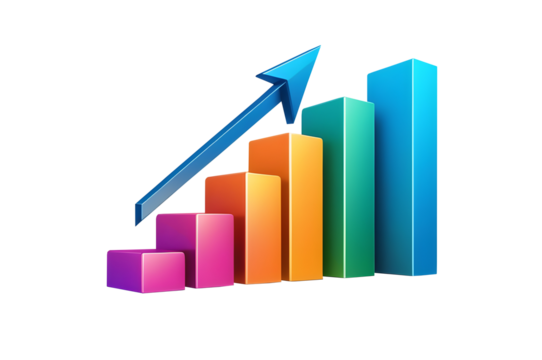 Minimalist 3D data analysis icon showcasing soaring finances and strengthening currency with a bar graph and arrow. Transparent background ideal for business and finance presentations.