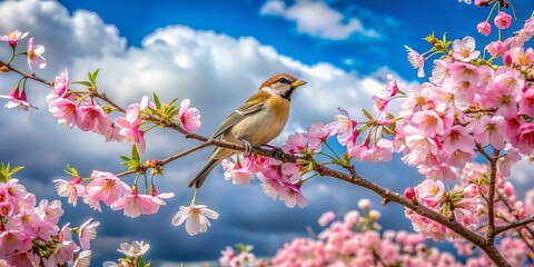 Fototapeta premium A Lone Bird Perched on a Branch of Pink Blossoms Against a Blue Sky, Spring, Nature, Bird, Blossom