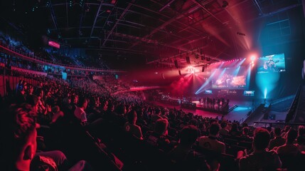 A panoramic view of a packed esports arena