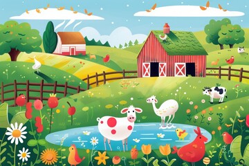 A playful, colorful illustration of a farmyard 