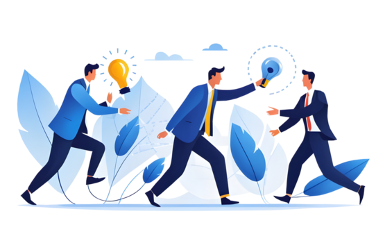 Flat illustration of teamwork on business performance concept with a team metaphor and brainstorming session, isolated on a transparent background. Ideal for projects focusing on collaboration, strate
