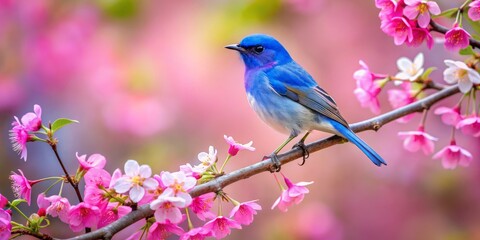 Obraz premium Blue Bird Perched on a Branch of Pink Flowers, Photograph, Colorful Bird, Spring Bloom, Wildlife Photography, Pink Flowers, Blue Bird, Nature Photography, Spring Season