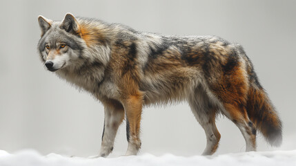 Fototapeta premium A majestic gray wolf standing in the snow, surrounded by a serene winter landscape The wolf's thick fur is slightly ruffled by the cold breeze, and its piercing eyes reflect its wild, predatory nature
