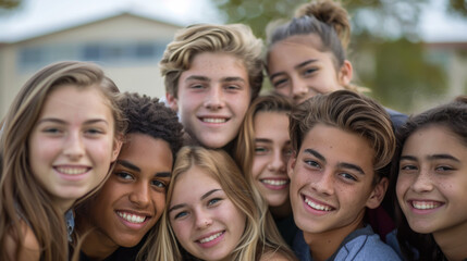 Fototapeta premium A group of young students of different races is relaxing in a sunny park. Friends having fun outdoors. The concept of fun, friendship, walking. Lifestyle.