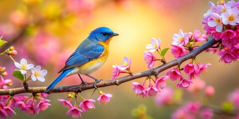 Blue-Yellow Bird Perched on Pink Blossoms, Nature, Bird, Flowers, Springtime