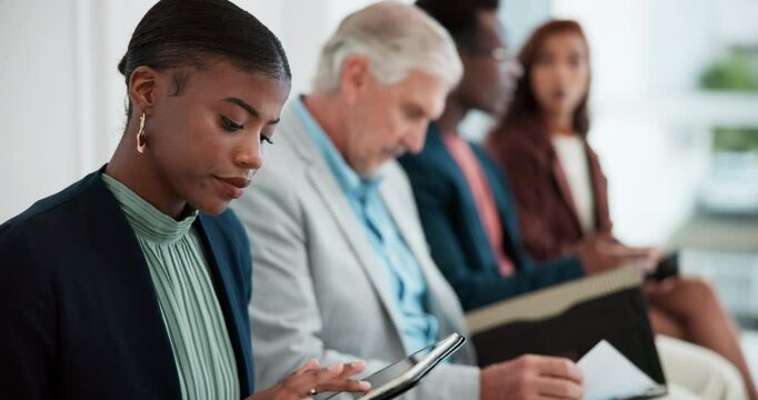 Group, recruitment and business people in office with job interview for career growth in queue. Cv, line and hiring candidates waiting with file and technology preparing for meeting in workplace.