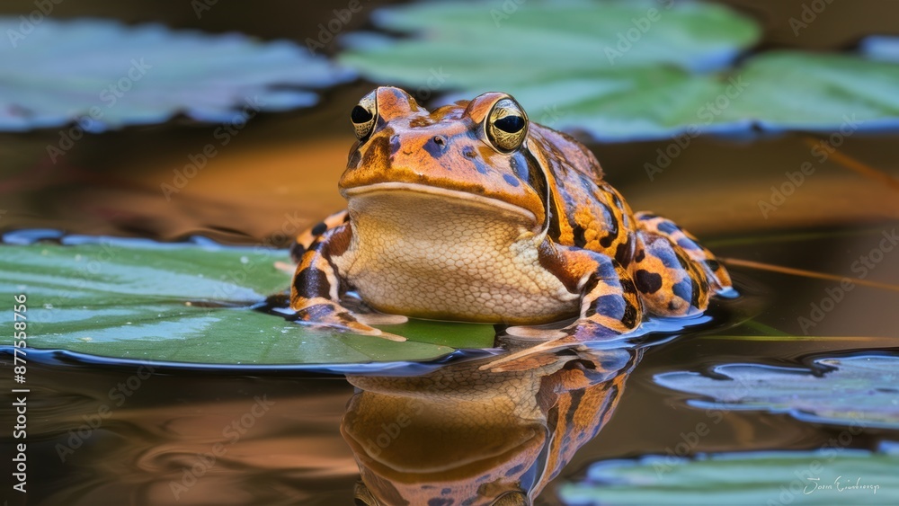 Canvas Prints A frog sitting on top of a leaf in the water, AI