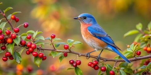 Fototapeta premium Eastern Bluebird Perched on a Branch with Red Berries, Close-up Photography, Blue Bird, Red Berries, Birdwatching, Nature
