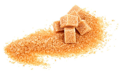 Pile of brown granulated sugar and sugar cubes isolated on a white background. Unrefined brown cane...