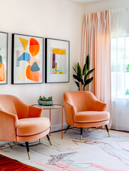 Mid-century style interior design of modern living room with coral armchairs.
