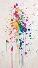 Multicolored paint splattered on a white canvas, creating a vibrant and chaotic abstract design