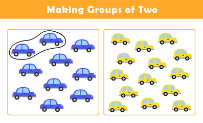 Making Groups of Two Worksheet. Grouping Picture Math Activity for Kids. Fun Math Activity for Children. Counting with Cute Pictures Worksheet.