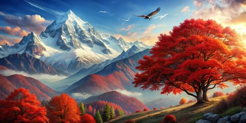 Majestic Mountain Peak with Autumnal Red Trees, Digital Painting, Landscape, Mountains, Autumn, Trees