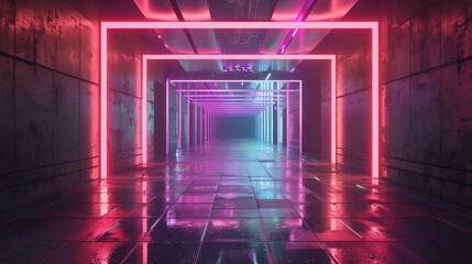 Futuristic neon lit corridor with glowing pink and blue lights, reflecting on shiny floors, creating a mesmerizing and modern sci-fi atmosphere.