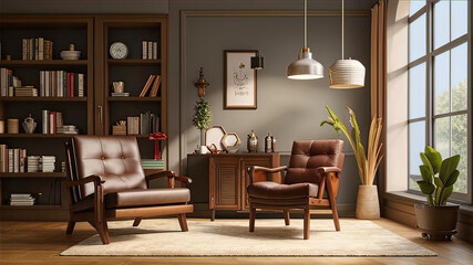 Fototapeta premium Modern retro home decor with stylish living room with armchair, wooden bookcase,