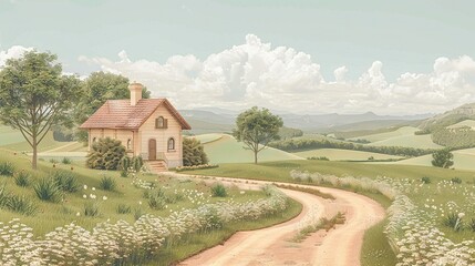 Fototapeta premium A painting depicts a house amidst a field, with a dirt path leading up to it and hills in the distance