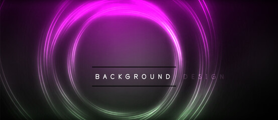Neon glowing circle rays, light round lines in the dark, planet style neon wave lines. Energetic electric concept design for wallpaper, banner, background