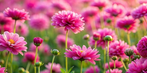 Fototapeta premium Pink Dahlia Blossoms in a Field of Flowers, Nature , Macro Photography , Dahlia , Floral