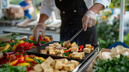 Obraz premium A telephoto angle photo of a chef demonstrating how to grill tofu and vegetables at a community cookout, emphasizing plant-based eating and culinary education, environmental scient