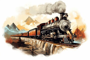 Illustration of a classic steam locomotive journeying across a bridge with picturesque mountains in the background