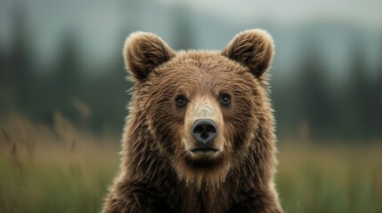 Fototapeta premium A close-up portrait of a grizzly bear in a green Alaskan landscape