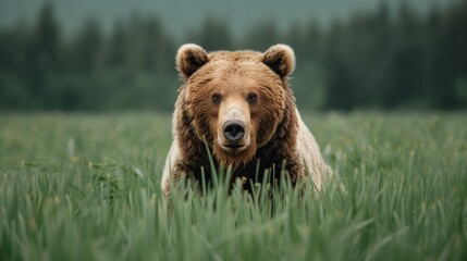 Obraz premium A grizzly bear walks through a field of green grass in Alaska
