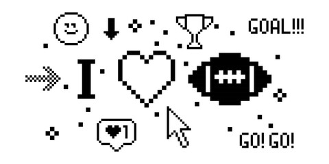 American football pixel art 8 bit design. Love sport banner concept. Composition with rugby ball, heart, text Goal. Pixels Y2k trendy playful sticker. Mood of 90's aesthetics. Simple geometric form
