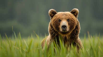 Fototapeta premium A large brown grizzly bear stands in a field of tall green grass, staring directly at the camera