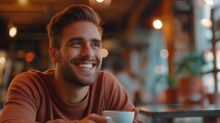Man with a big smile, holding a coffee cup at a cozy cafe, enjoying a relaxed and cheerful moment.