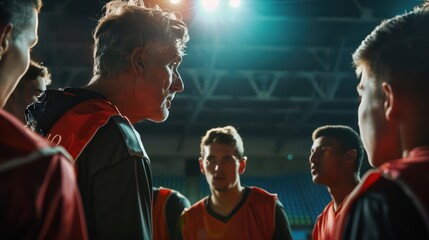 Fototapeta premium A team coach giving a pep talk to players before a crucial match