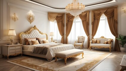 Royal luxury bedroom interior design, tan and white color interior design, luxurious bedroom design of a king palace, home interior decor, photo realistic background 