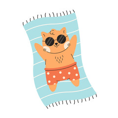 Cute cat in sunglasses sunbathing on a beach. Summer time, summer holidays, vacation. Vector illustration in flat style