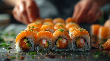 Chef preparing fresh sushi rolls with salmon, avocado, and crab, garnished with sesame and chives.