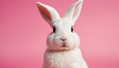 A white rabbit with long ears sits against a pink background and looks directly at the camera