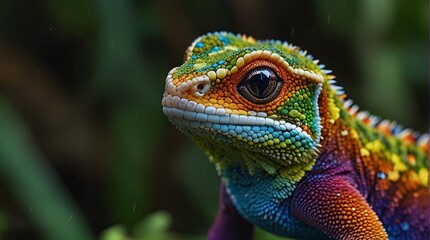 Obraz premium A colorful lizard with intricate scales and a large eye looks directly at the camera, showcasing its vibrant colors and unique texture