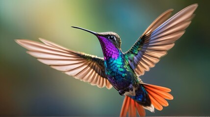 Fototapeta premium A colorful hummingbird hovers with outstretched wings, against a blurry green background