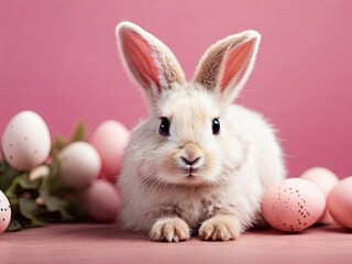 Obraz premium A fluffy white bunny sits among pink Easter eggs on a pink background, looking towards the viewer with large, dark eyes