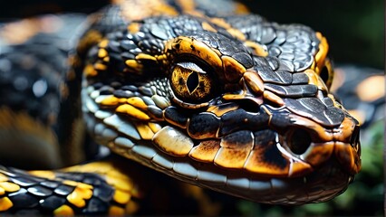 Obraz premium A black and yellow snake with a golden eye stares into the camera