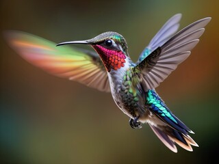 Fototapeta premium A colorful hummingbird with iridescent feathers flies with its wings outstretched, against a blurred green background