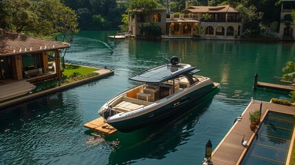 Obraz premium A modern boat is docked at a luxury waterfront home on a sunny day.