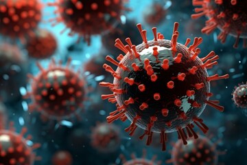 High-resolution image depicting detailed viruses floating within a blood-like environment, suitable for medical concepts