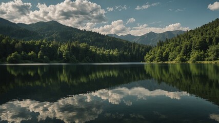 Tranquil Mountain Lake with Forest Reflections and Majestic Cloudy Sky