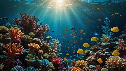 Vibrant Underwater Coral Reef Ecosystem with Colorful Tropical Fish and Sunbeams