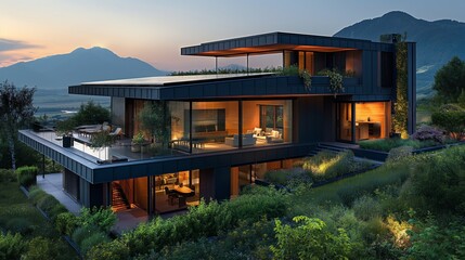 Obraz premium Stylish modern house with glass walls, lush plants, and mountain views at dusk.