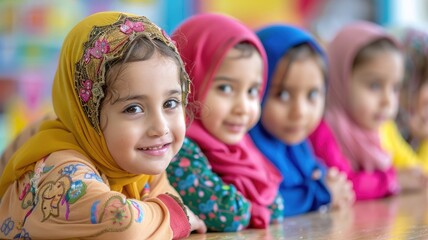 Smiling Muslim girls in colorful hijabs in a classroom
