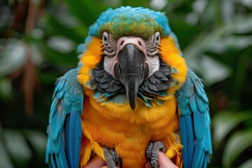 Fototapeta premium Brightly colored parrot perched on a persons hand in front of green leaves, Animal background